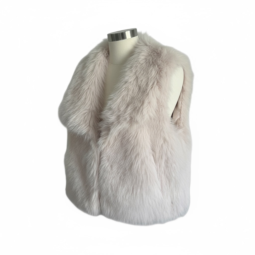 Colete de pêlo sintético bege GRINE com gola larga, peça elegante e quente para looks sofisticados