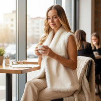 Mulher sentada numa mesa de café usando o colete de pêlo sintético bege GRINE com gola ampla e corte aberto
