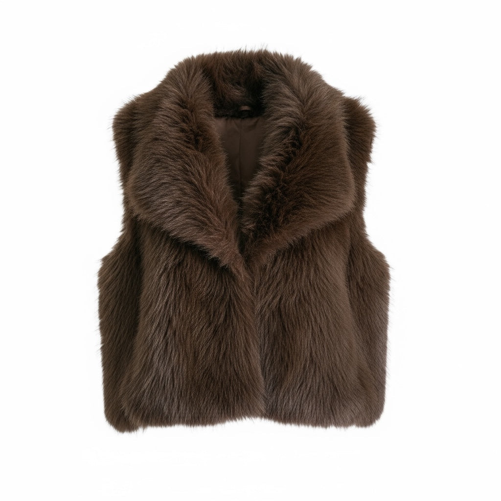 Colete de pêlo sintético castanho GRINE com gola larga, ideal para um look sofisticado e quente.