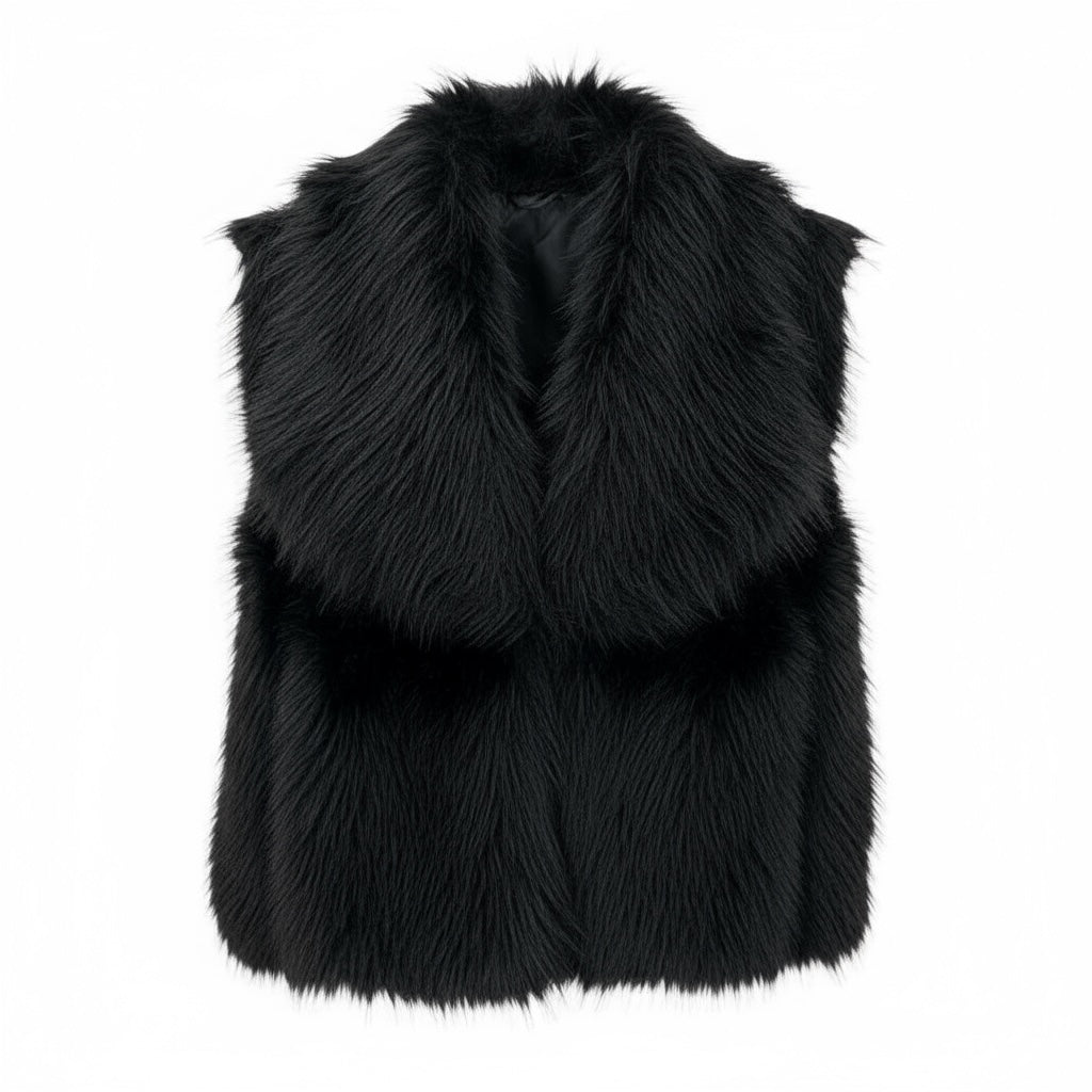 Colete de pêlo sintético preto GRINE com gola larga, ideal para um look sofisticado e quente.