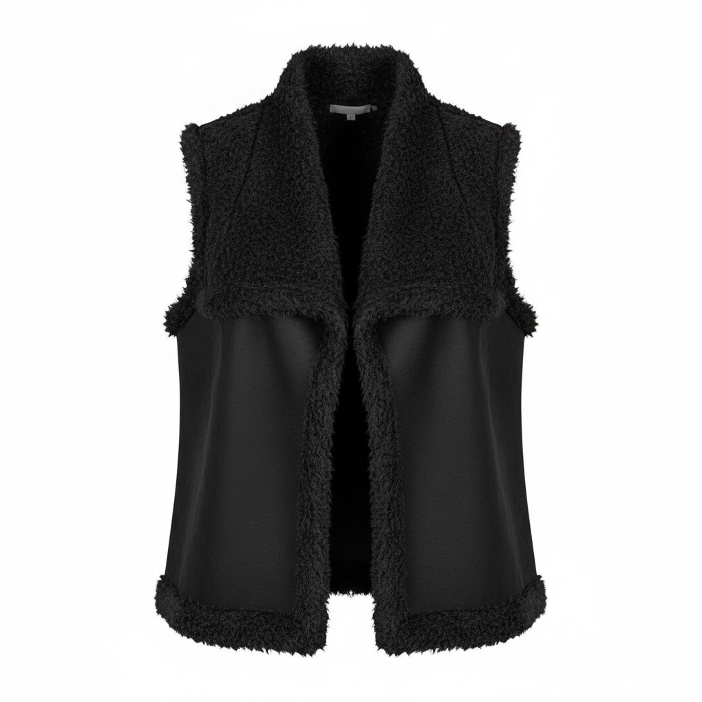 Colete GRINE Rafa em pêlo sintético preto com gola ampla e corte aberto, elegante e quente para o inverno.