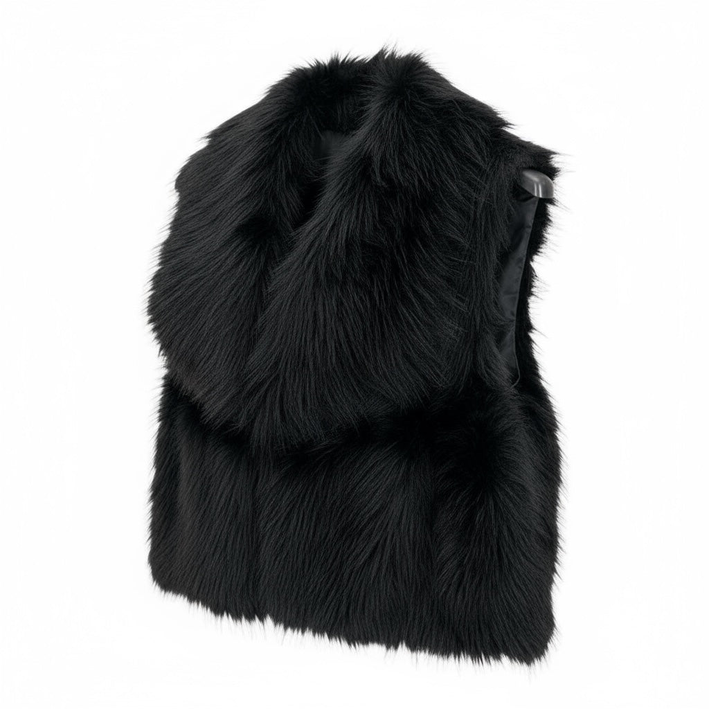 Colete de pêlo sintético preto GRINE, elegante e quente, ideal para um visual sofisticado de inverno.