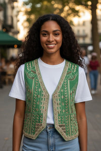 Modelo veste colete verde GRINE com bordados artesanais de missangas e forro interior, estilo casual e elegante.