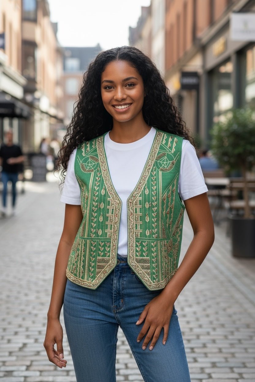 Modelo sorridente veste colete GRINE verde com bordados artesanais de missangas douradas sobre t-shirt branca