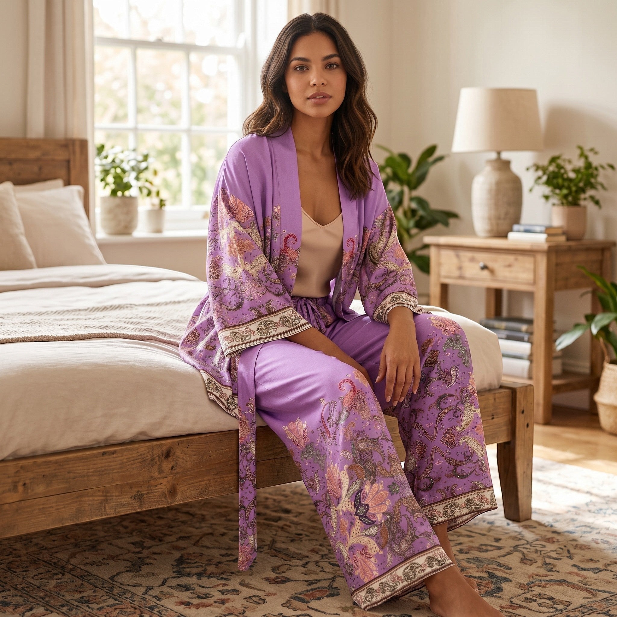 GRINE conjunto kimono e calças fluidas roxas com padrão paisley, mangas largas e calças wide leg. Inspirado em boho chic.