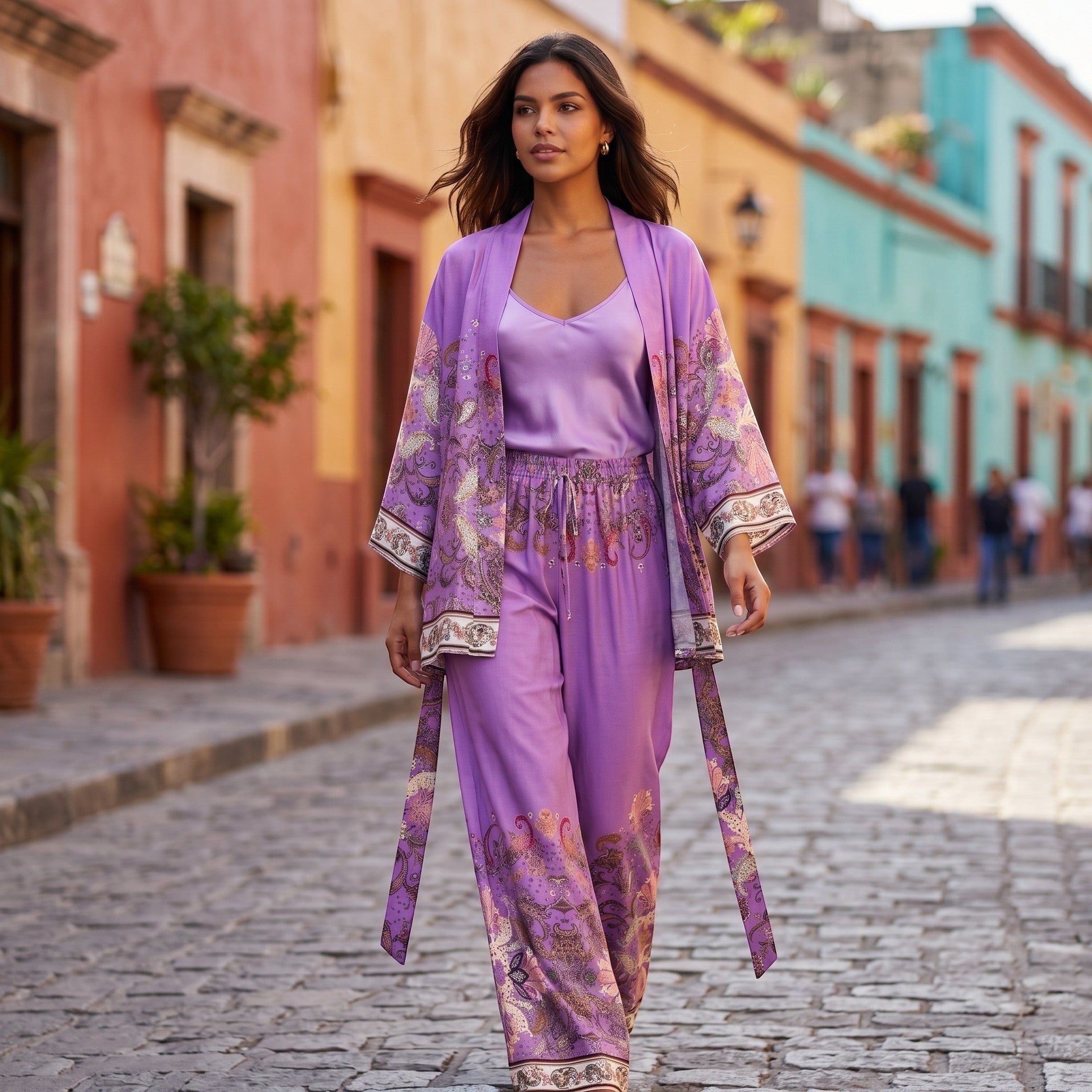 Conjunto de kimono e calças wide leg em viscose roxa com padrão paisley, da GRINE. Manga fluida e cintura elástica.