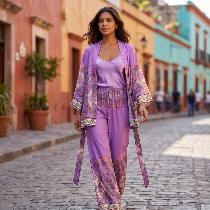 Conjunto de kimono e calças wide leg em viscose roxa com padrão paisley, da GRINE. Manga fluida e cintura elástica.