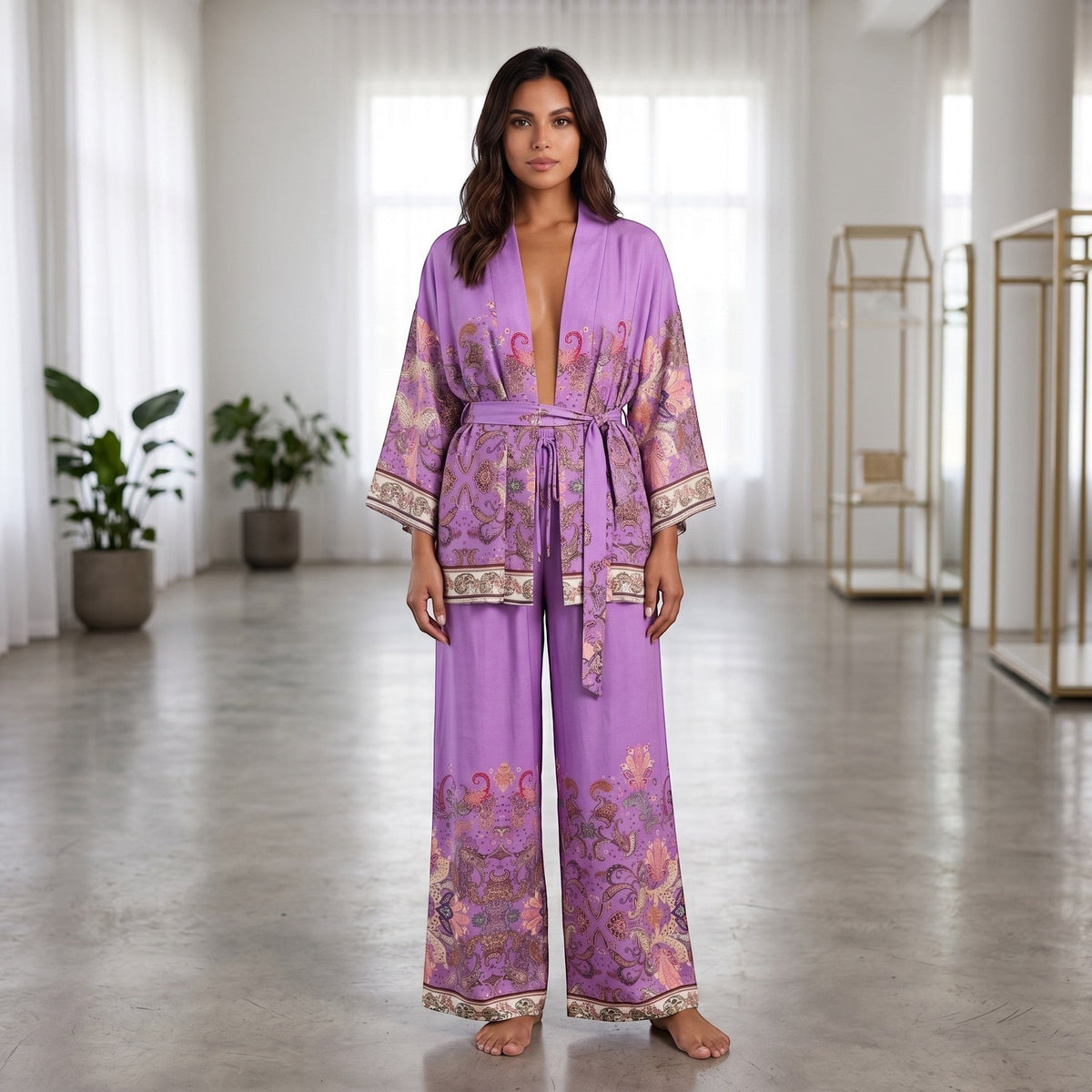 GRINE conjunto de kimono e calças wide leg em viscose roxa com padrão paisley em tons rosa, bege e castanho. Manga fluida, cintura elástica.