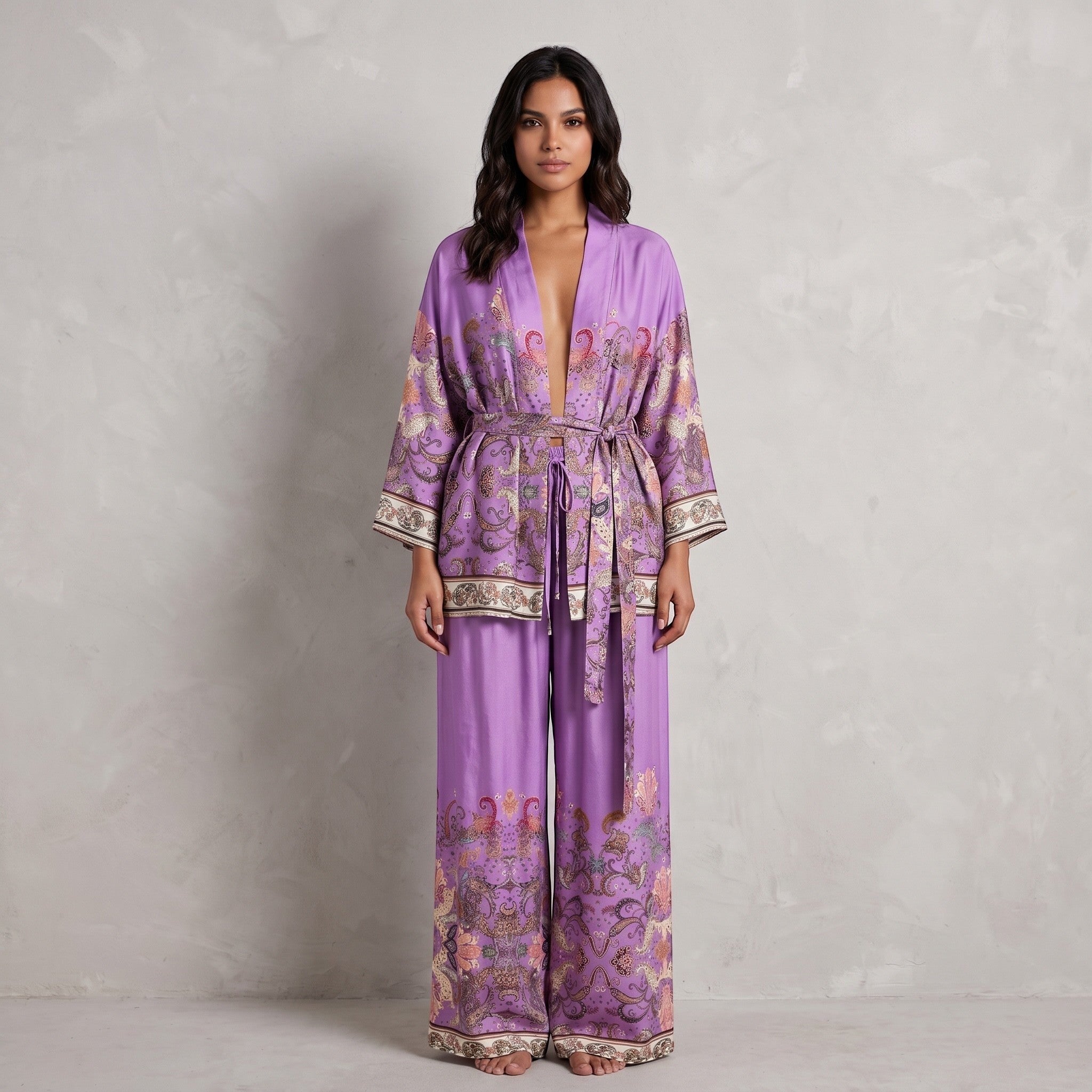 GRINE conjunto kimono e calças wide leg roxo com padrão paisley em viscose e elastano, cintura elástica, mangas fluidas.