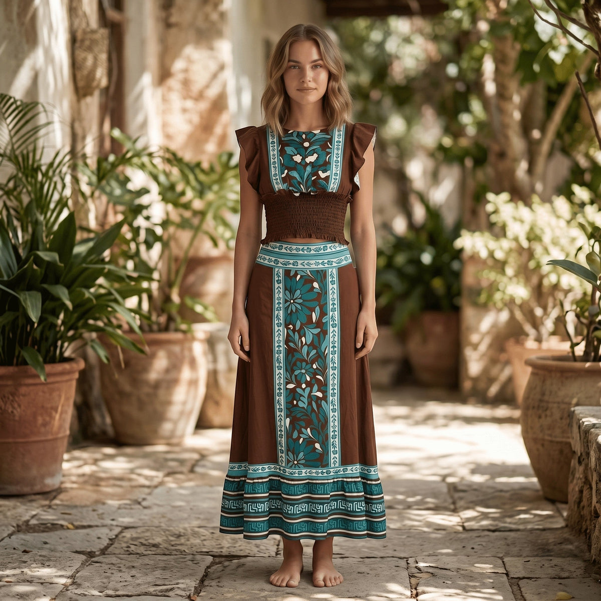 Modelo veste conjunto GRINE de saia midi e top castanhos com padrão floral e detalhes étnicos em ambiente exterior.