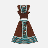 Conjunto GRINE de saia midi e top castanhos com padrão floral e detalhes étnicos em viscose e nylon