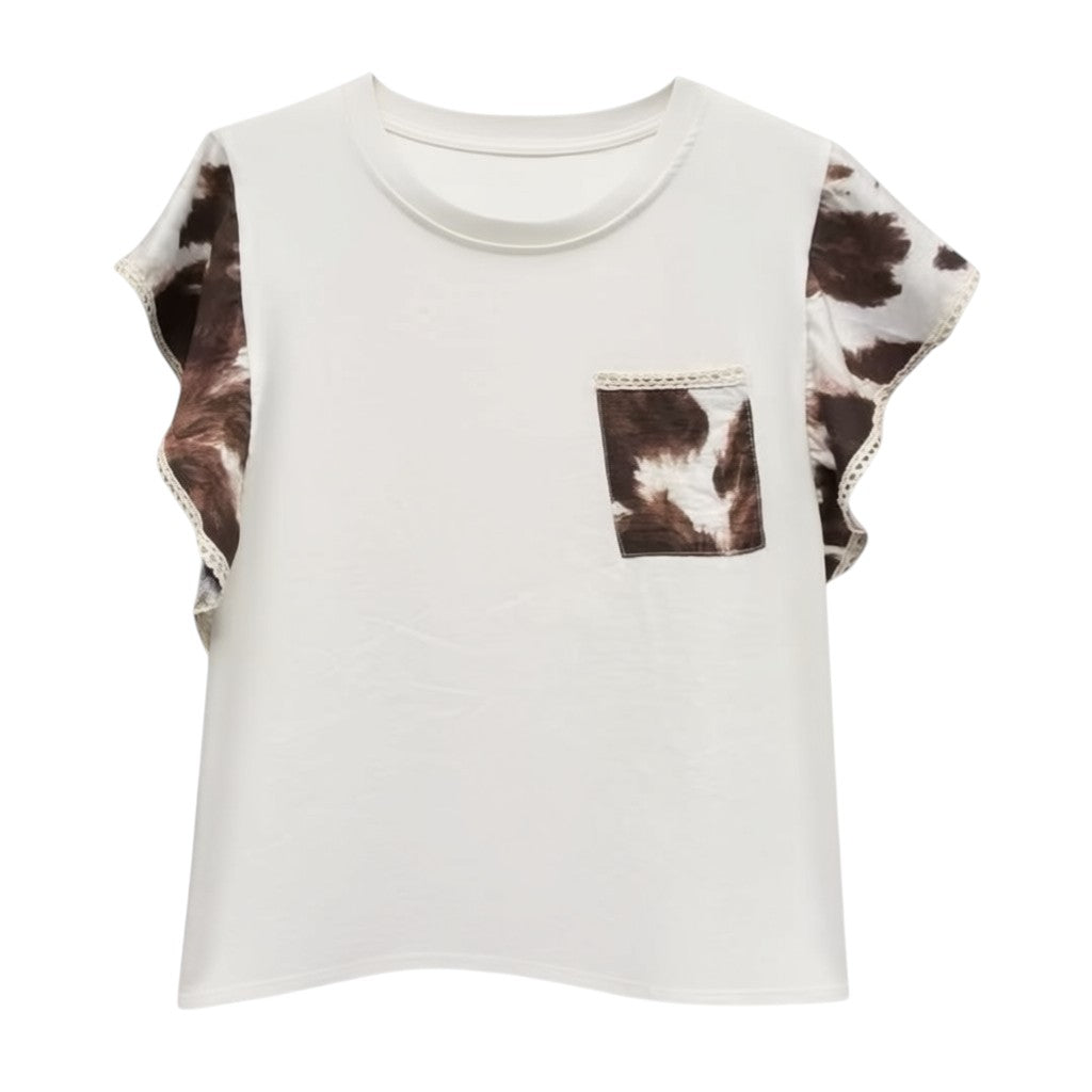 GRINE white cotton t-shirt with short sleeves, cow print pocket and ruffled sleeves with lace trim.
