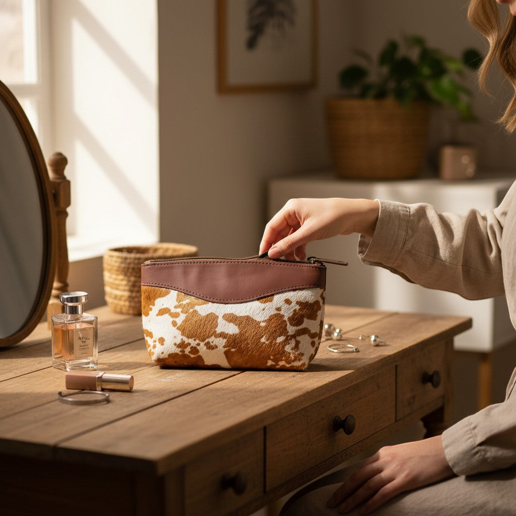 GRINE small cowhide leather pouch with brown trim and zipper closure, 17x12cm.