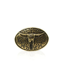 Fivela de cinto GRINE em metal dourado com design de crânio de boi e detalhes ornamentados em relevo