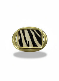 Fivela de cinto GRINE retangular com acabamento dourado e detalhe central em padrão de pelo de zebra