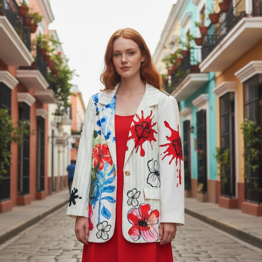 GRINE long blazer in cream with green stripes and a vibrant floral print, featuring red paint splatters.