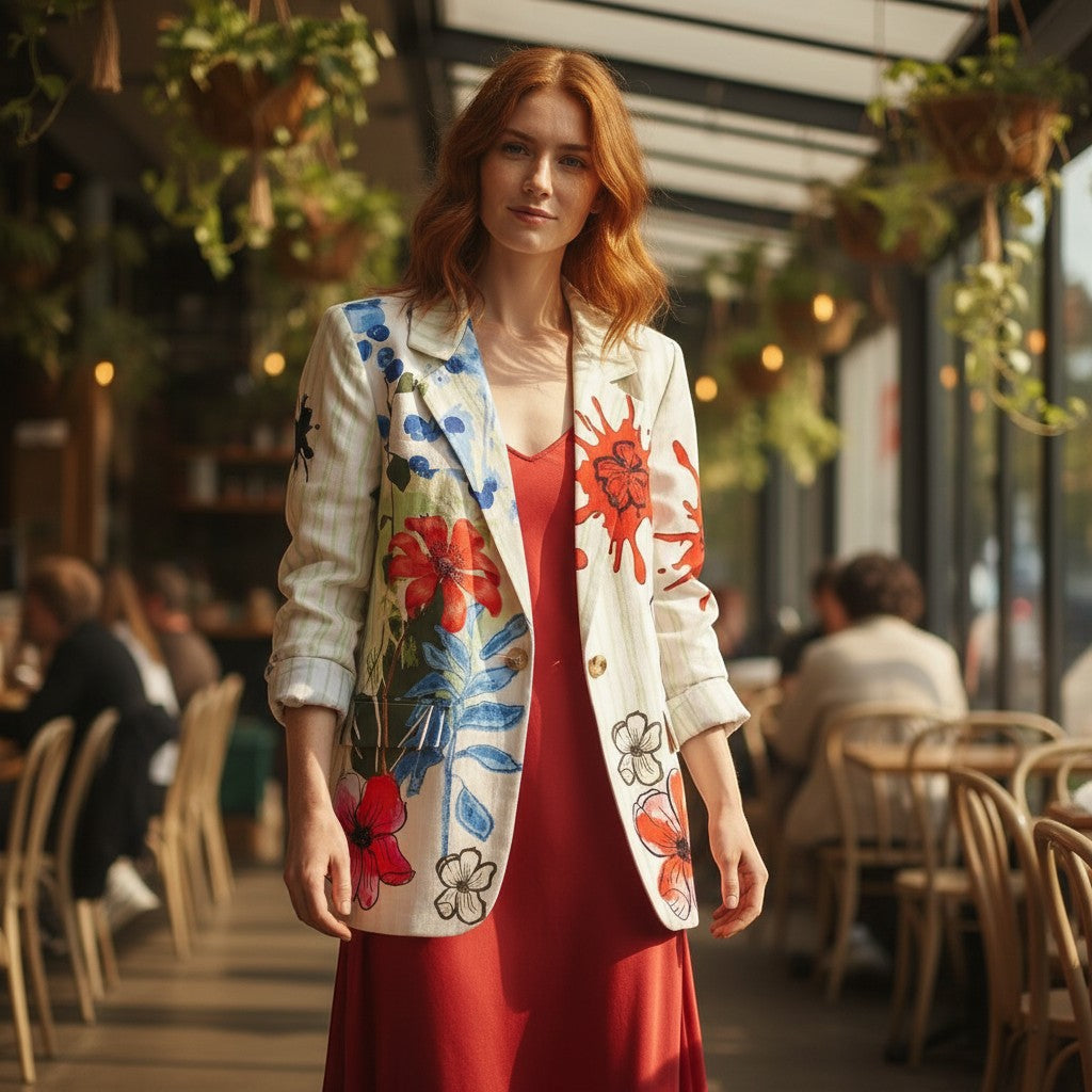 GRINE long white/cream blazer with a vibrant floral print and green pinstripes. Features red paint splatters and abstract flower designs.