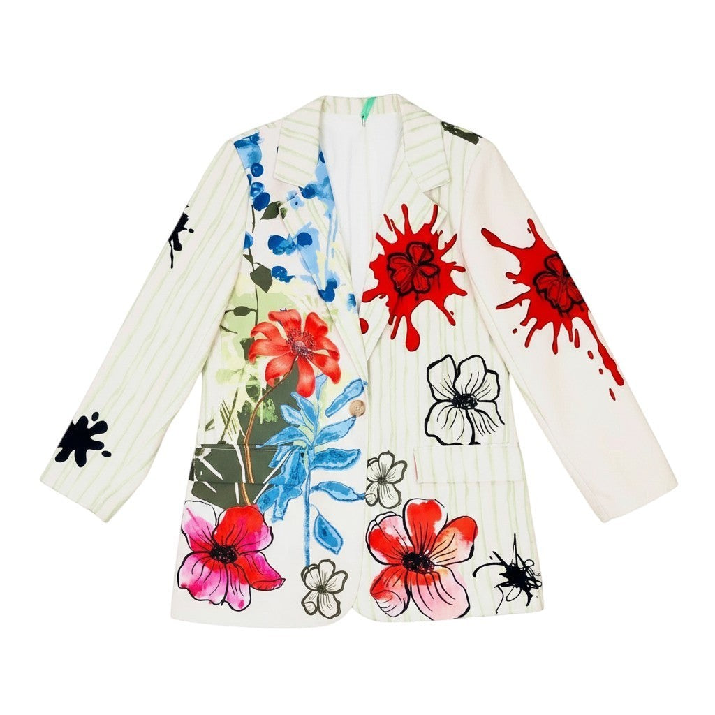 GRINE white/cream long blazer with a vibrant floral print and green pinstripes. Features red paint splatters and abstract flower designs.