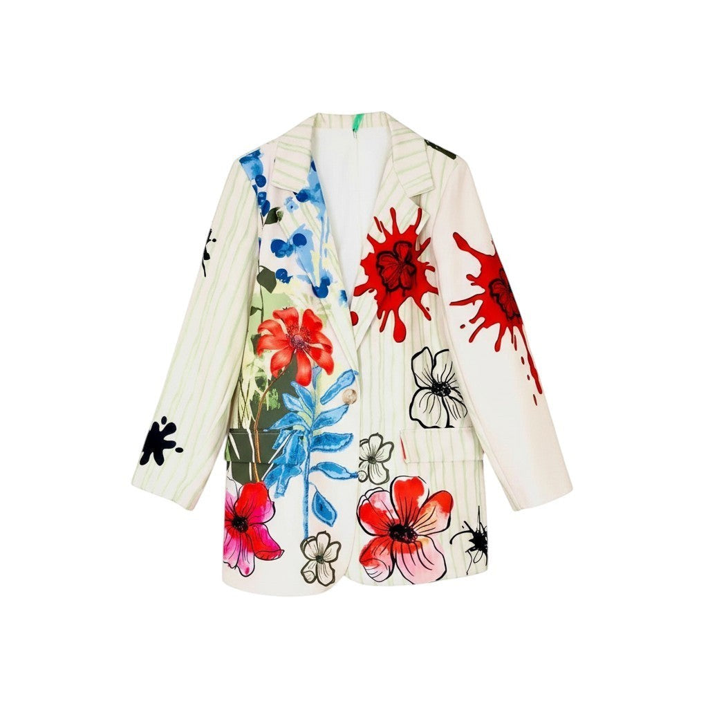GRINE white/cream long blazer with a vibrant floral print and green pinstripes. Features red paint splatters and abstract flower designs.