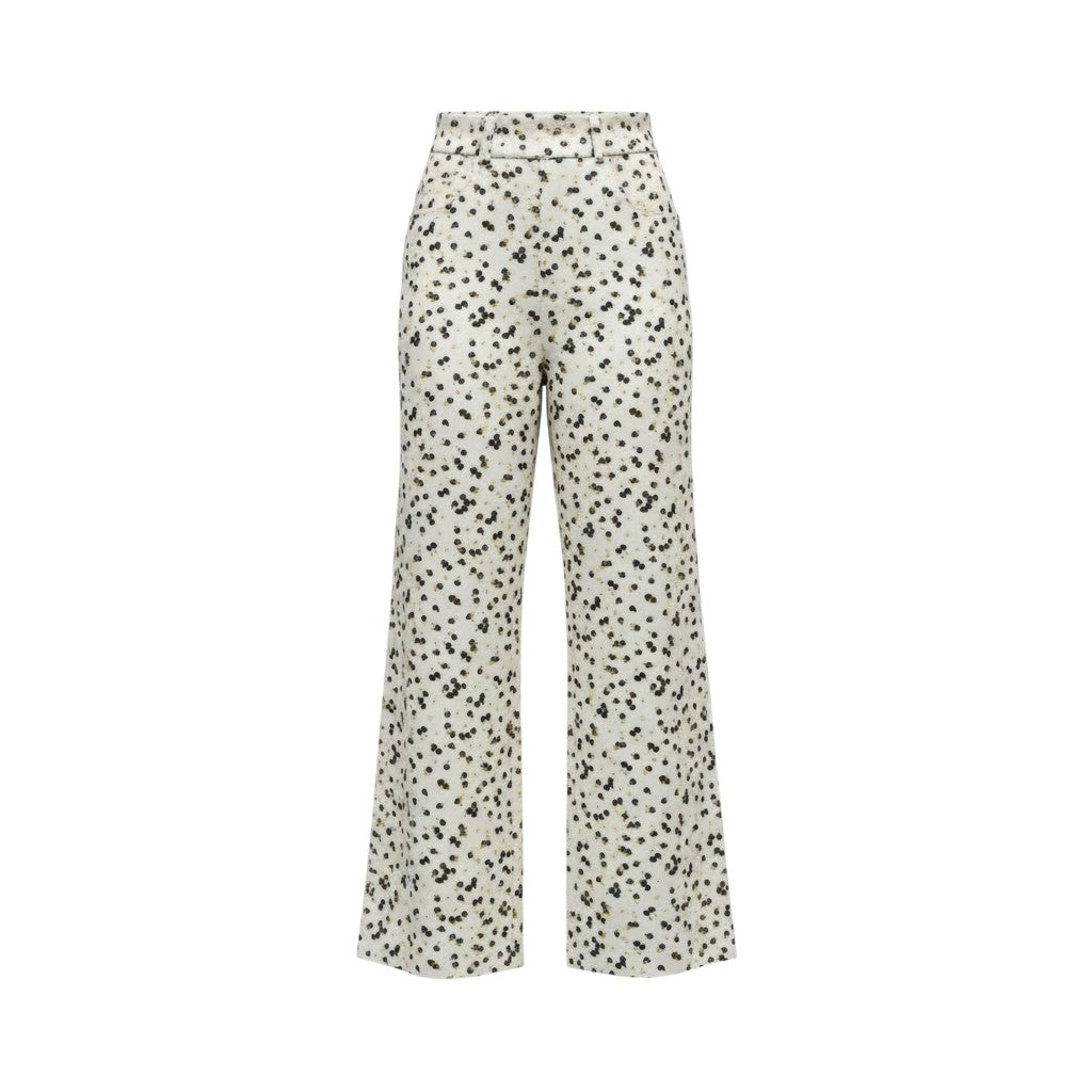 GRINE floral print straight-leg jeans with adjustable elastic waist in mustard yellow and military green.