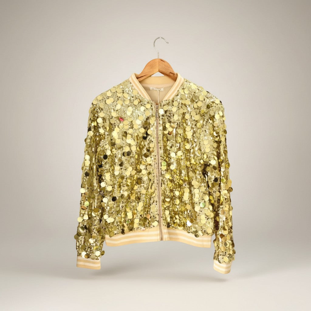 GRINE gold sequin bomber jacket with striped cuffs and collar, polyester material.