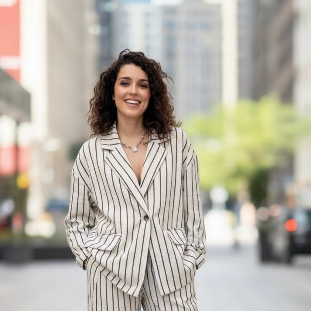 GRINE Goreti oversized beige linen blend blazer with black pinstripes and button front. Model wears it with matching trousers.