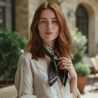 GRINE green animal print satin square scarf, 70cm x 70cm, 100% polyester. Features leopard print and striped design.