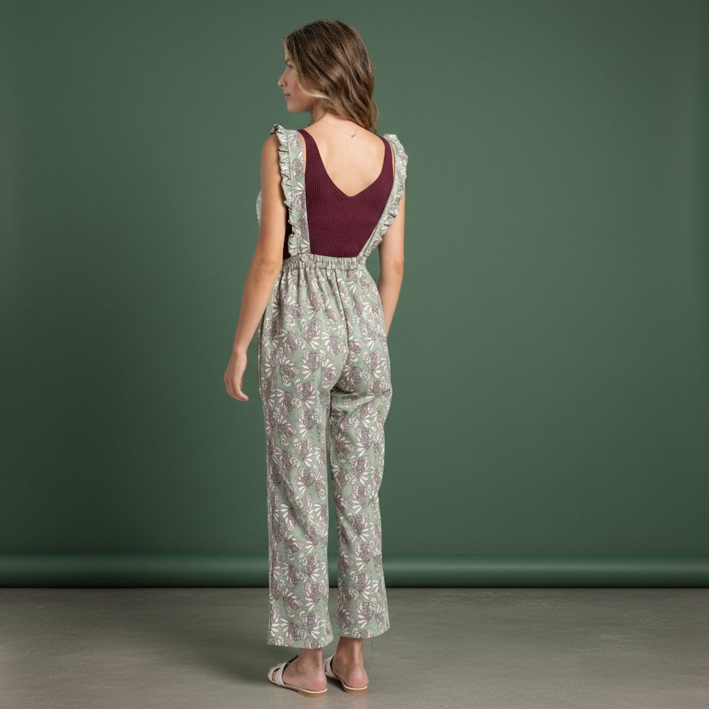 GRINE green floral print wide-leg overalls with ruffled straps and elastic waist. Casual style.