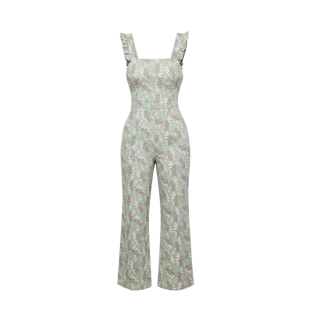 GRINE green floral print wide-leg overalls with ruffle straps and side pockets.