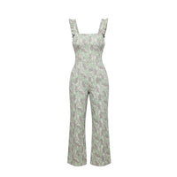 GRINE green floral print wide-leg overalls with ruffle straps and side pockets.