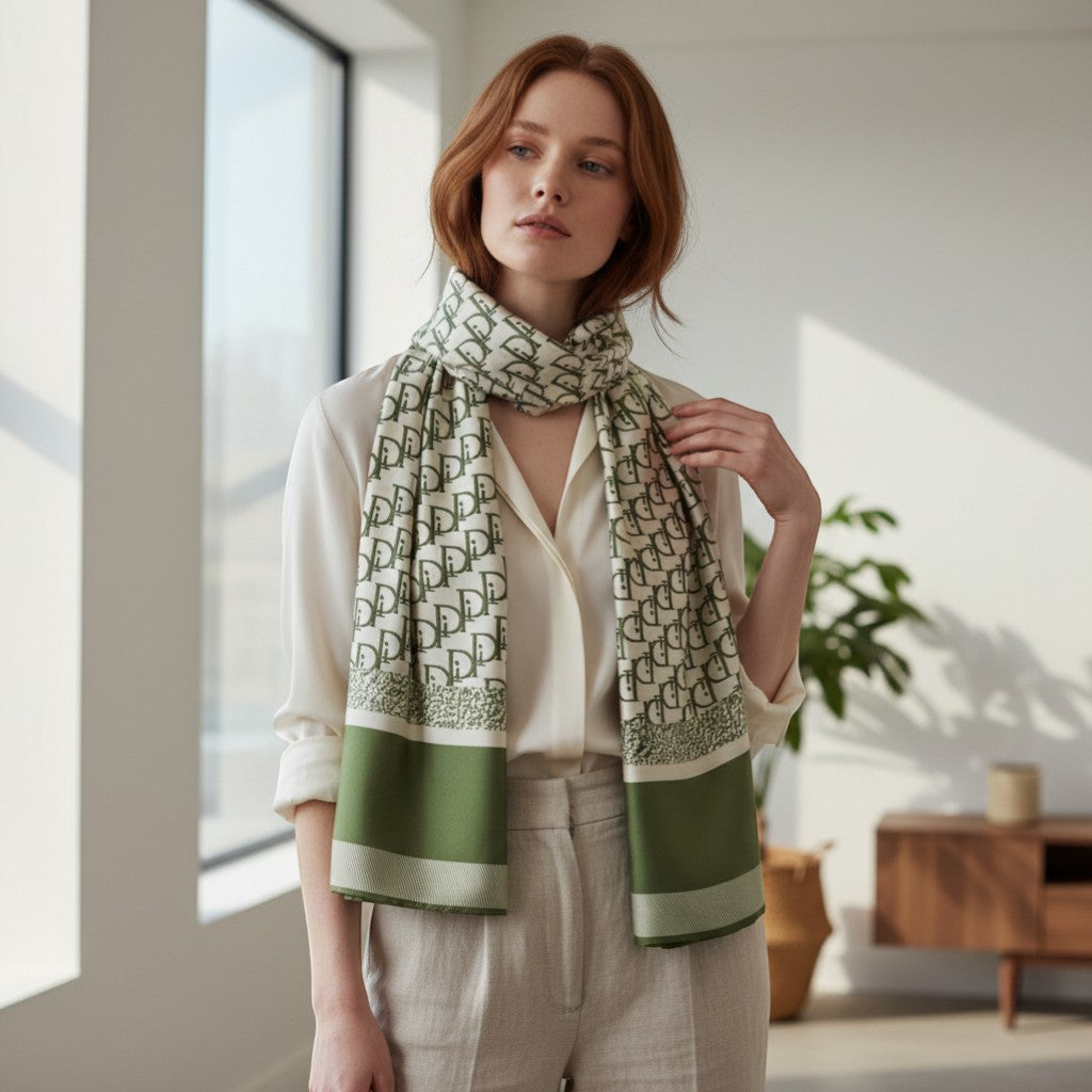 GRINE green and cream polyester scarf with all-over monogram print and solid green border.