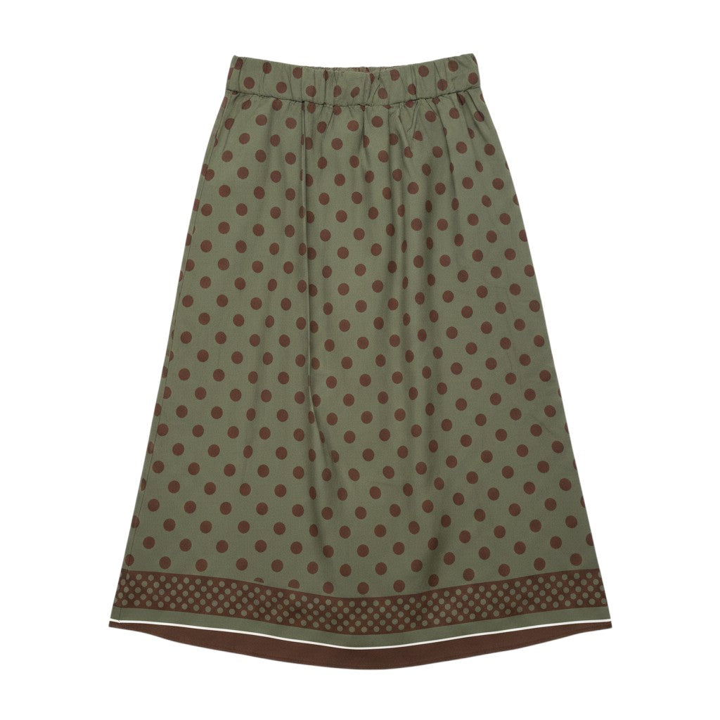 GRINE green midi skirt with brown polka dots and a decorative border at the hem. Elasticated waist for comfort.