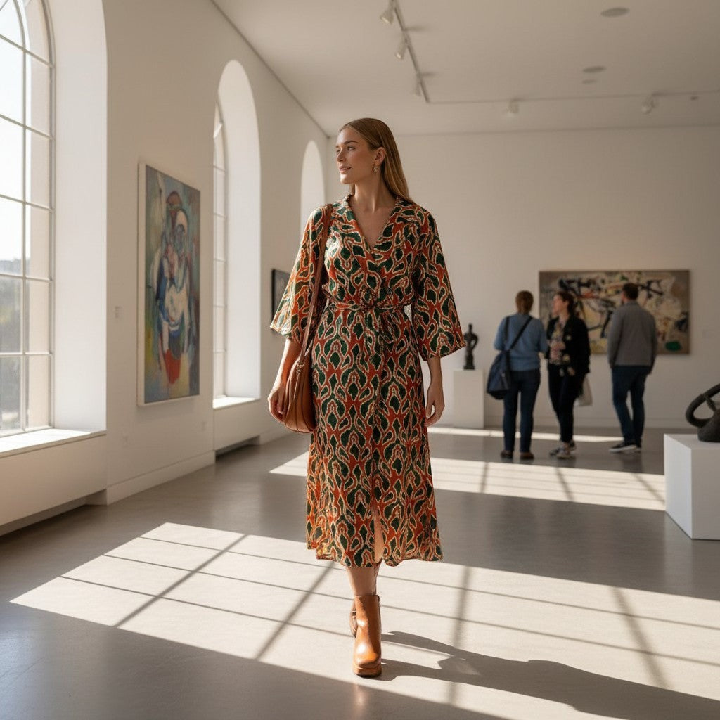GRINE green and rust patterned polyester long wrap dress with three-quarter sleeves and a high slit.
