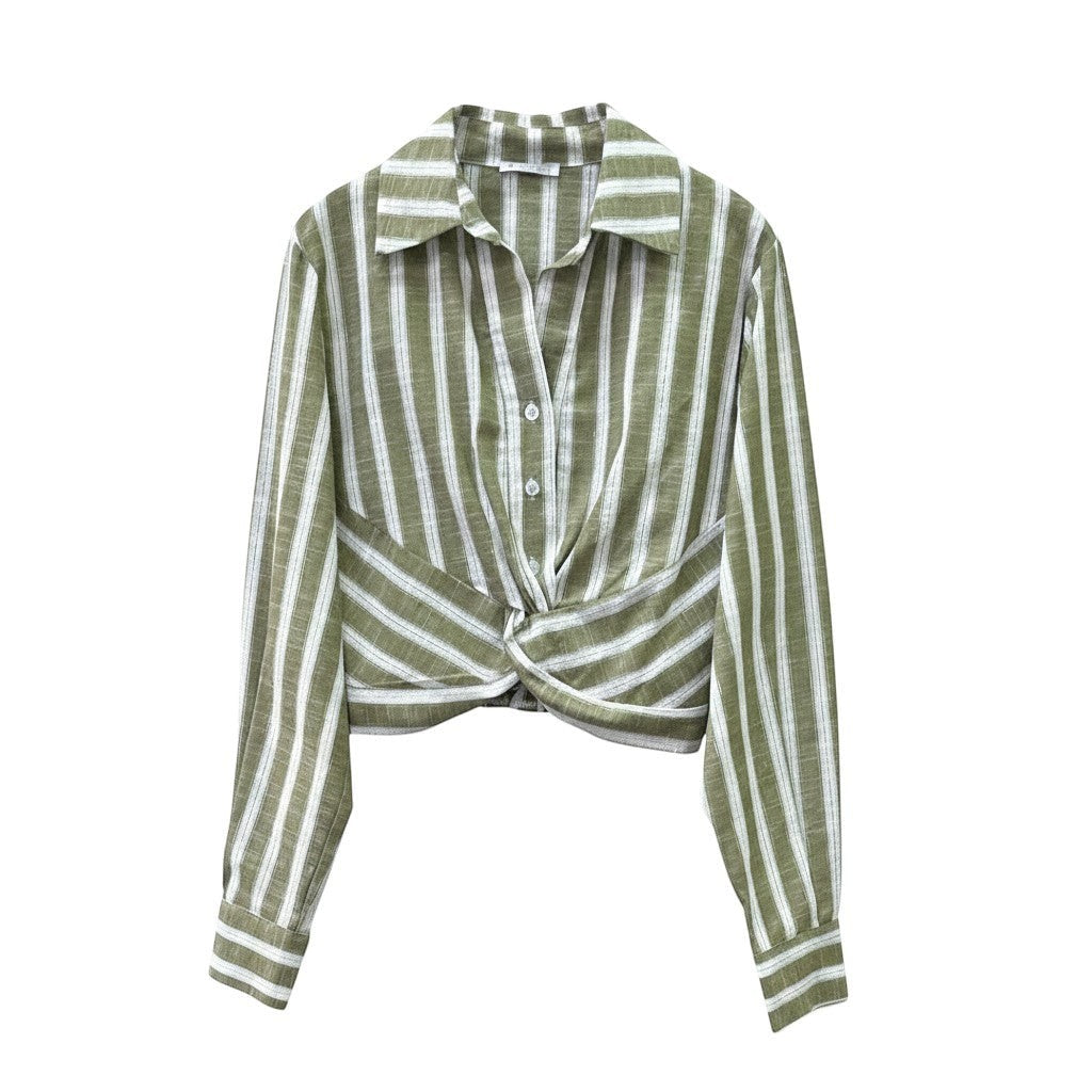 GRINE green and white striped cropped shirt with a twisted knot detail at the waist and button-up front.