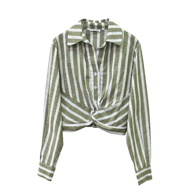 GRINE green and white striped cropped shirt with a twisted knot detail at the waist and button-up front.