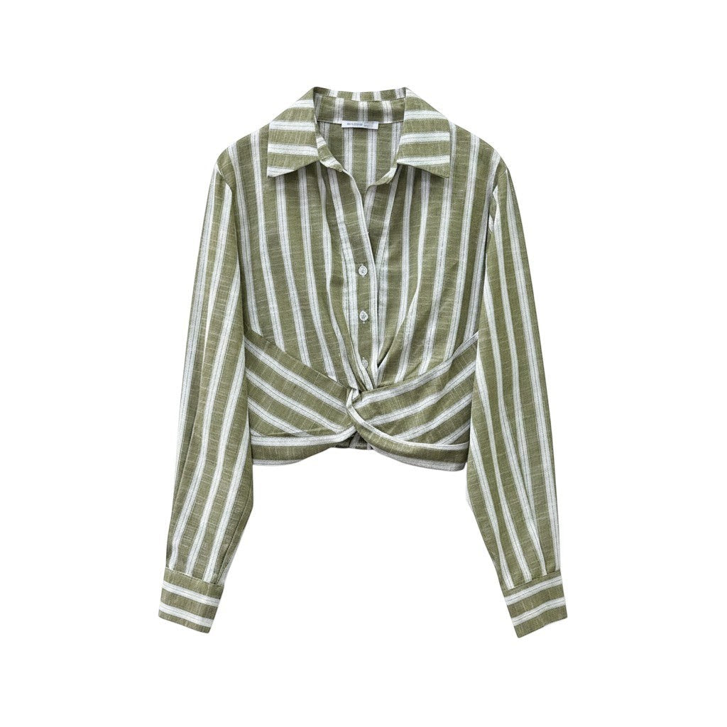 GRINE green and white striped asymmetrical knot front cropped shirt with collar and button closure.