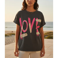 GRINE grey cotton t-shirt with pink and beige "LOVE" graphic print, short sleeves, and relaxed fit.