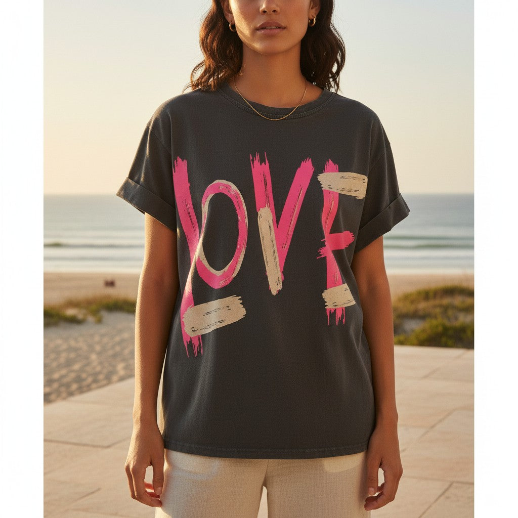 GRINE grey cotton t-shirt with pink and beige "LOVE" graphic print, short sleeves, and relaxed fit.