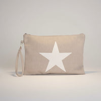 GRINE grey textile pouch with white star design and removable wrist strap, perfect for beach essentials.