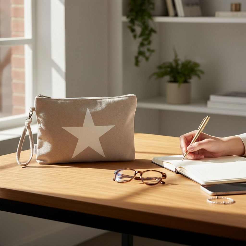 GRINE light grey textile pouch with a large white star graphic and removable wrist strap, perfect for beach essentials.
