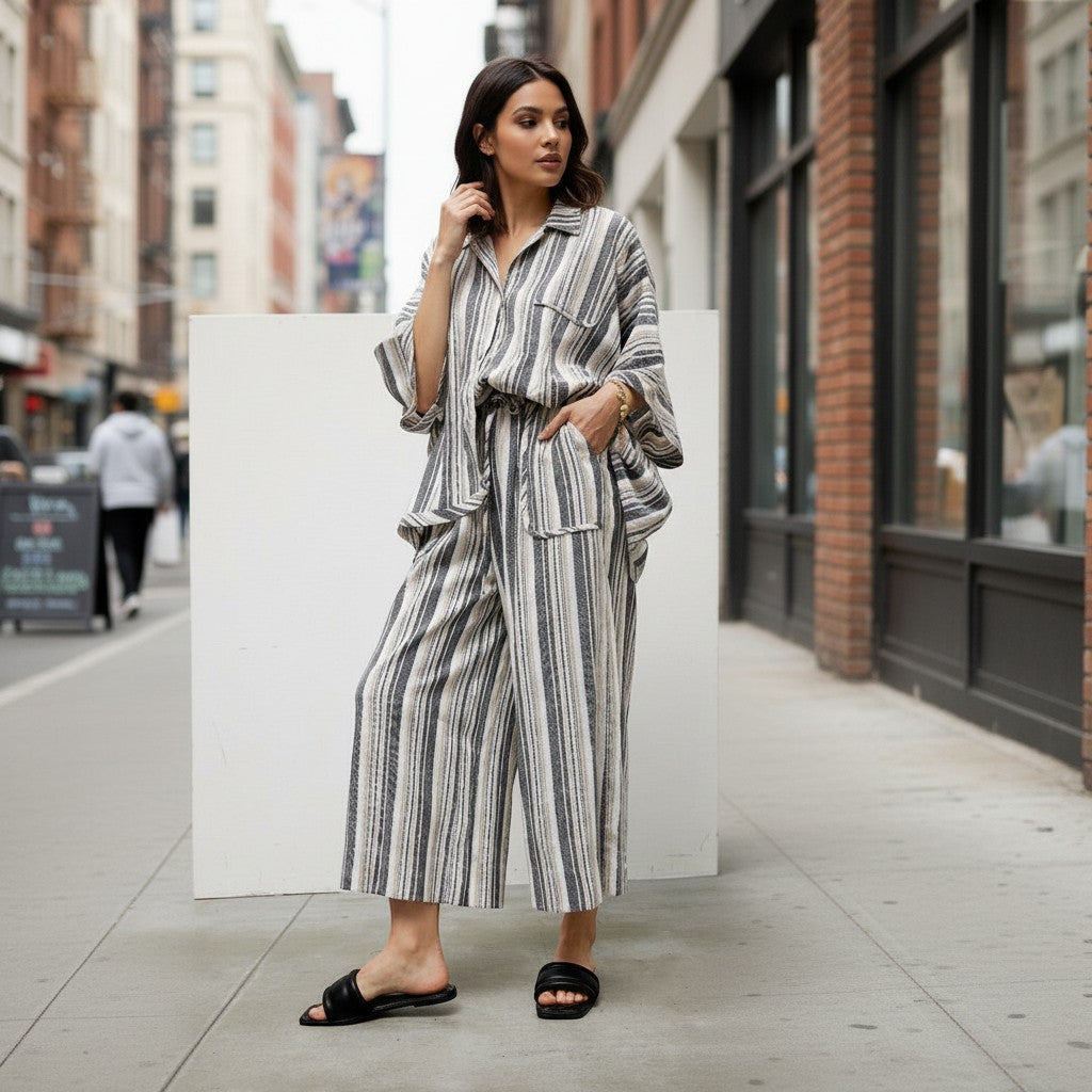 GRINE grey wide-leg trousers with elastic waist, side pockets, and vertical stripe pattern. Made from a rayon, polyester, and cotton blend.