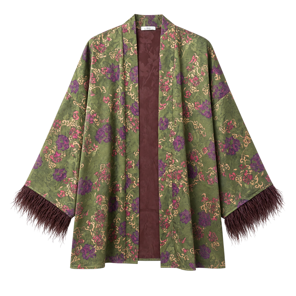 Kimono GRINE acetinado verde militar com estampado floral e detalhes de penas escuras nos punhos