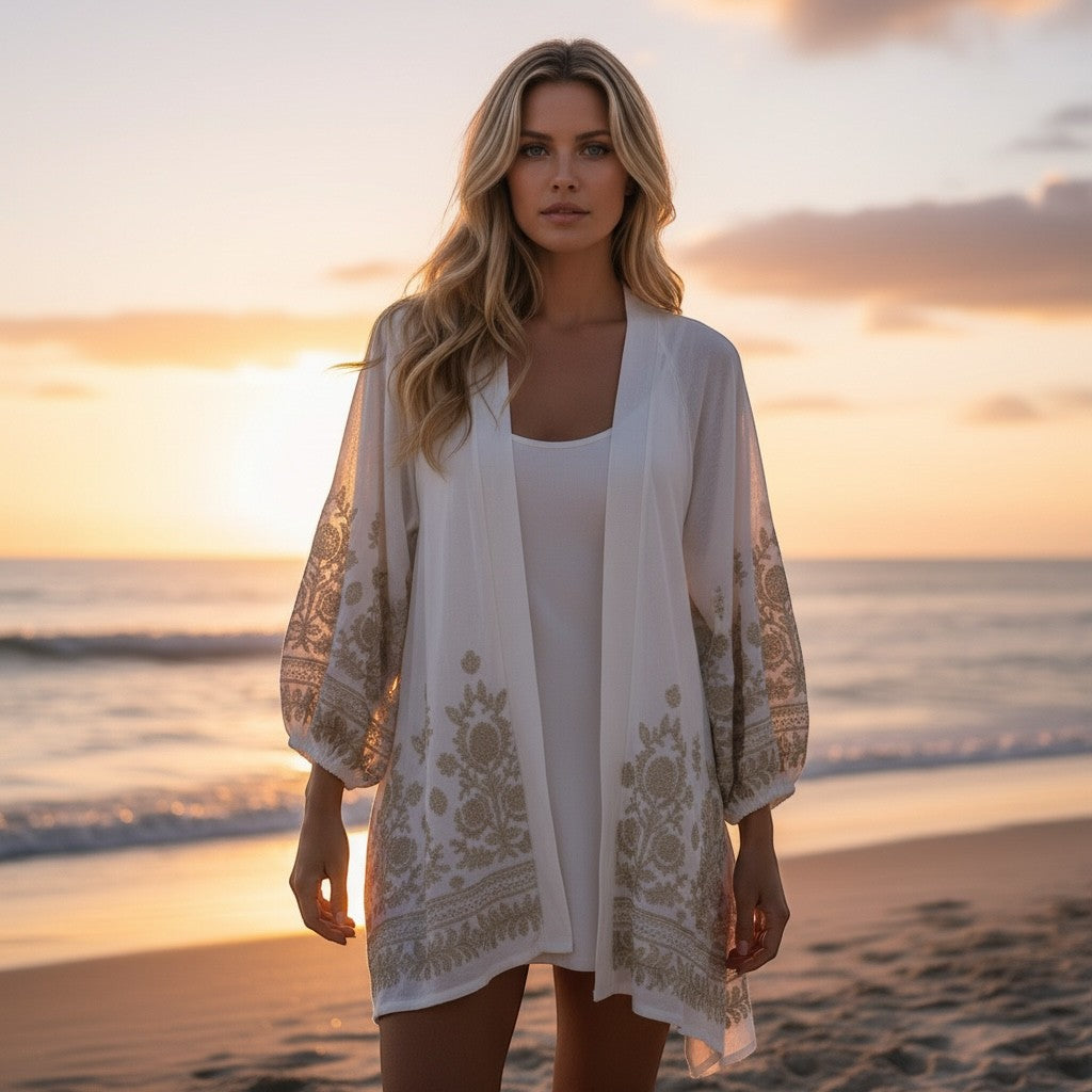 GRINE Kimono branco com bordados dourados nas mangas e bainha, corte solto, ideal para praia ou look boho chic.