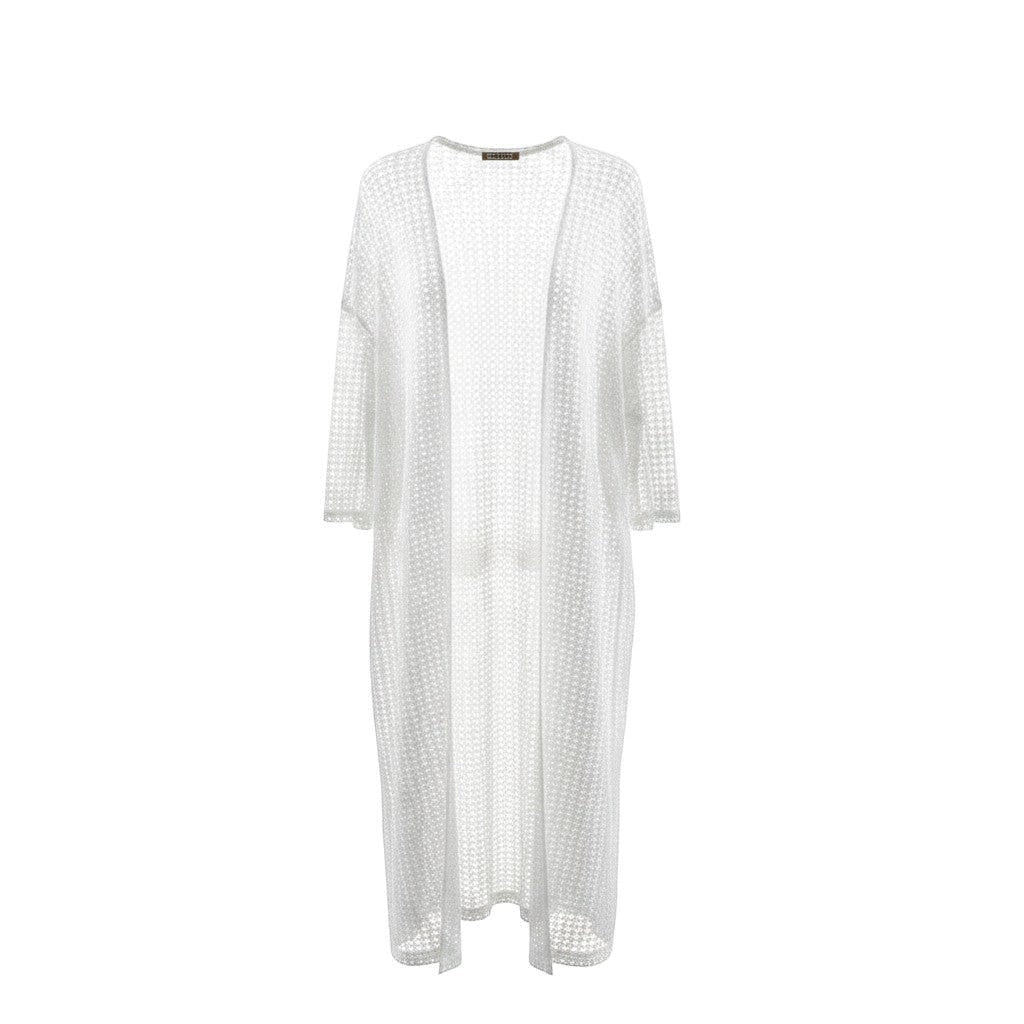 GRINE branco kimono em malha tipo croché com duas racha laterais e ponto aberto. Comprimento longo.