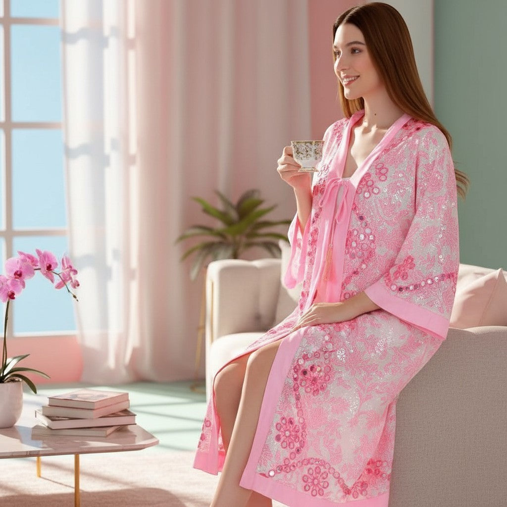 GRINE Kimono Espelhos rosa fluorescente com bordados de espelhos e detalhes florais. Peça versátil para praia ou noite.