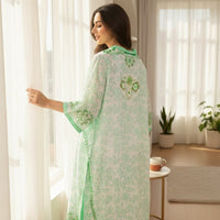GRINE Kimono Espelhos verde fluorescente com bordados de espelhos e padrão floral. Peça versátil para praia ou noite.