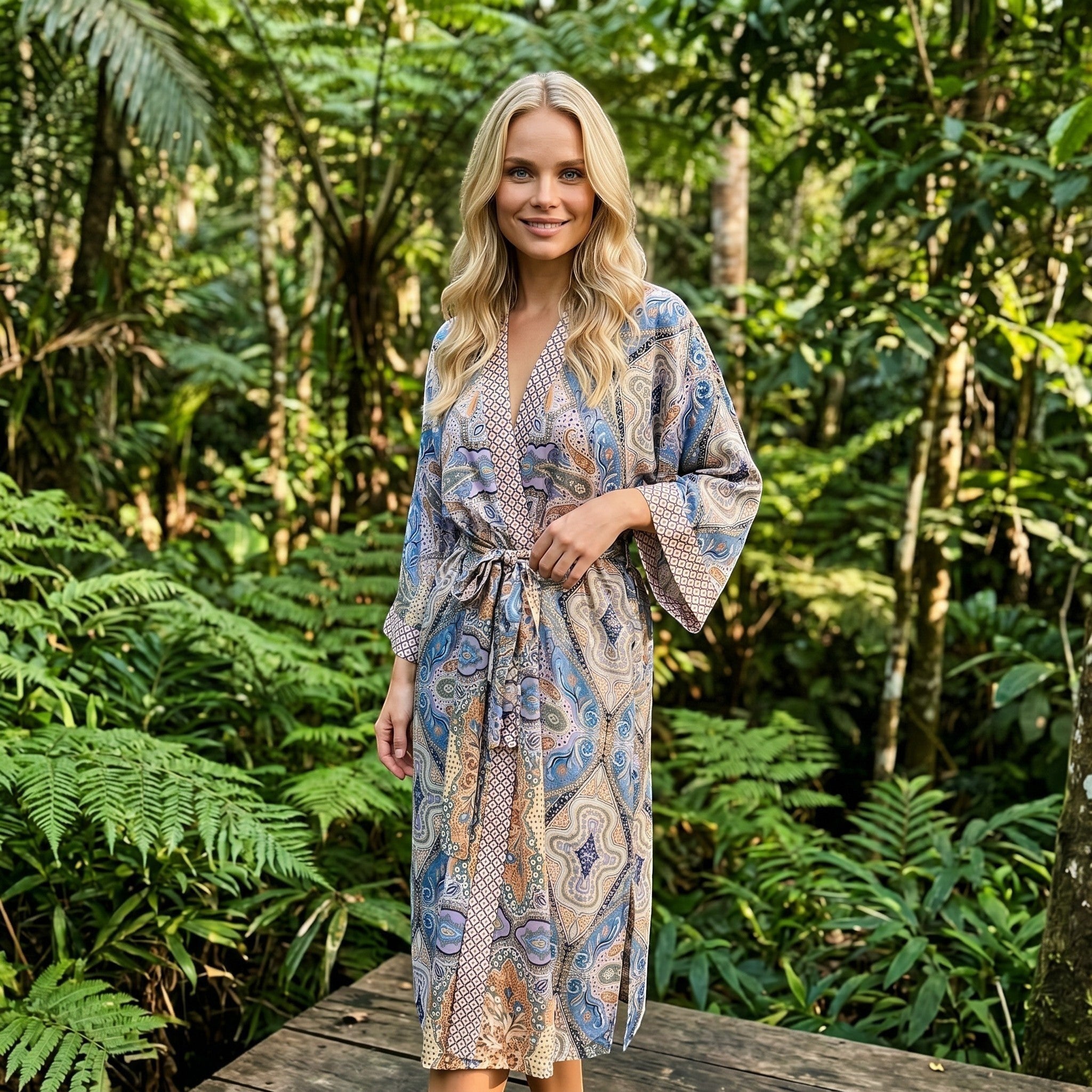 GRINE Kimono de seda com padrão paisley em azul e lilás, com cinto e bordado artesanal. Peça de resort wear.