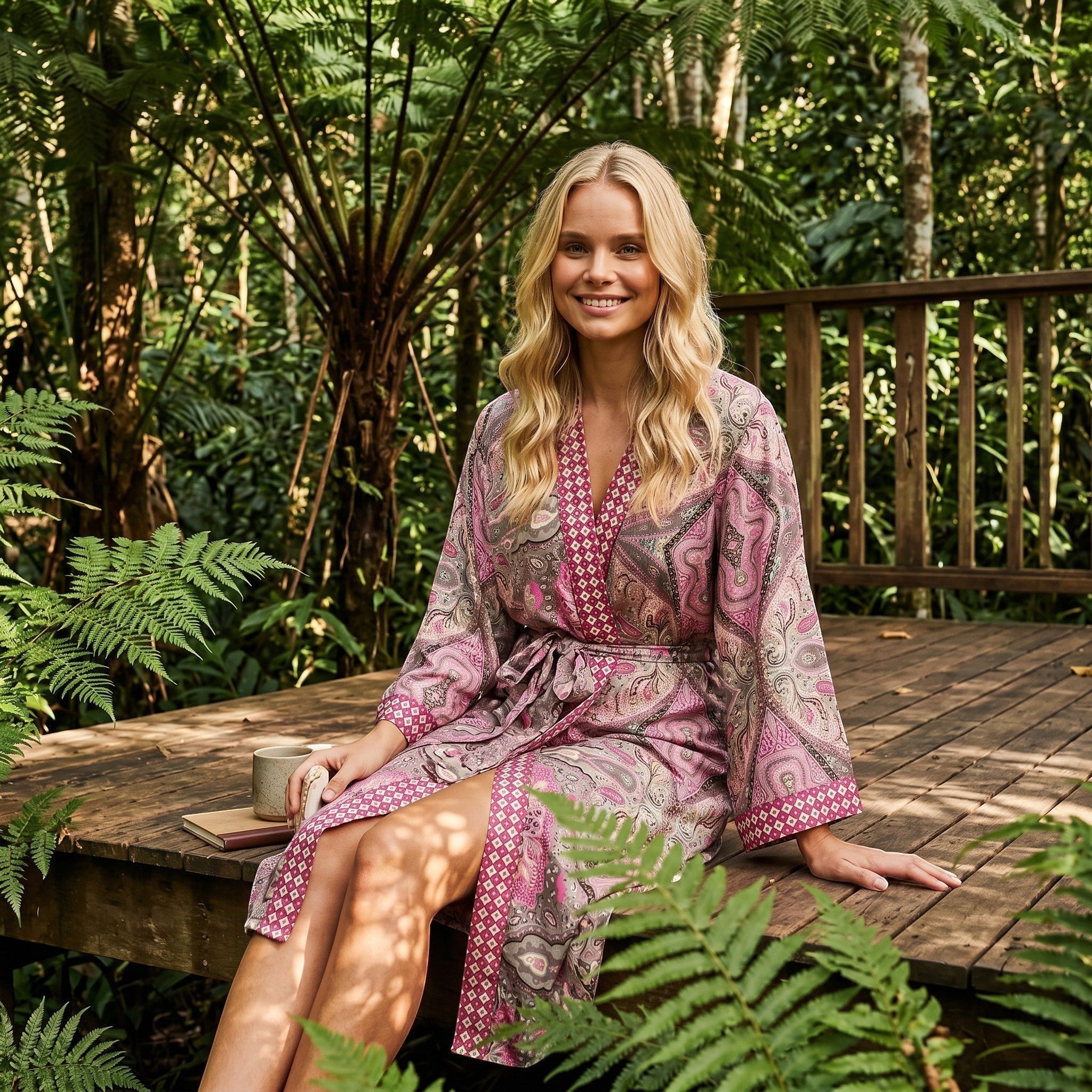 GRINE Kimono de seda rosa claro com bordado artesanal, cinto e bolsos. Peça de resort wear.