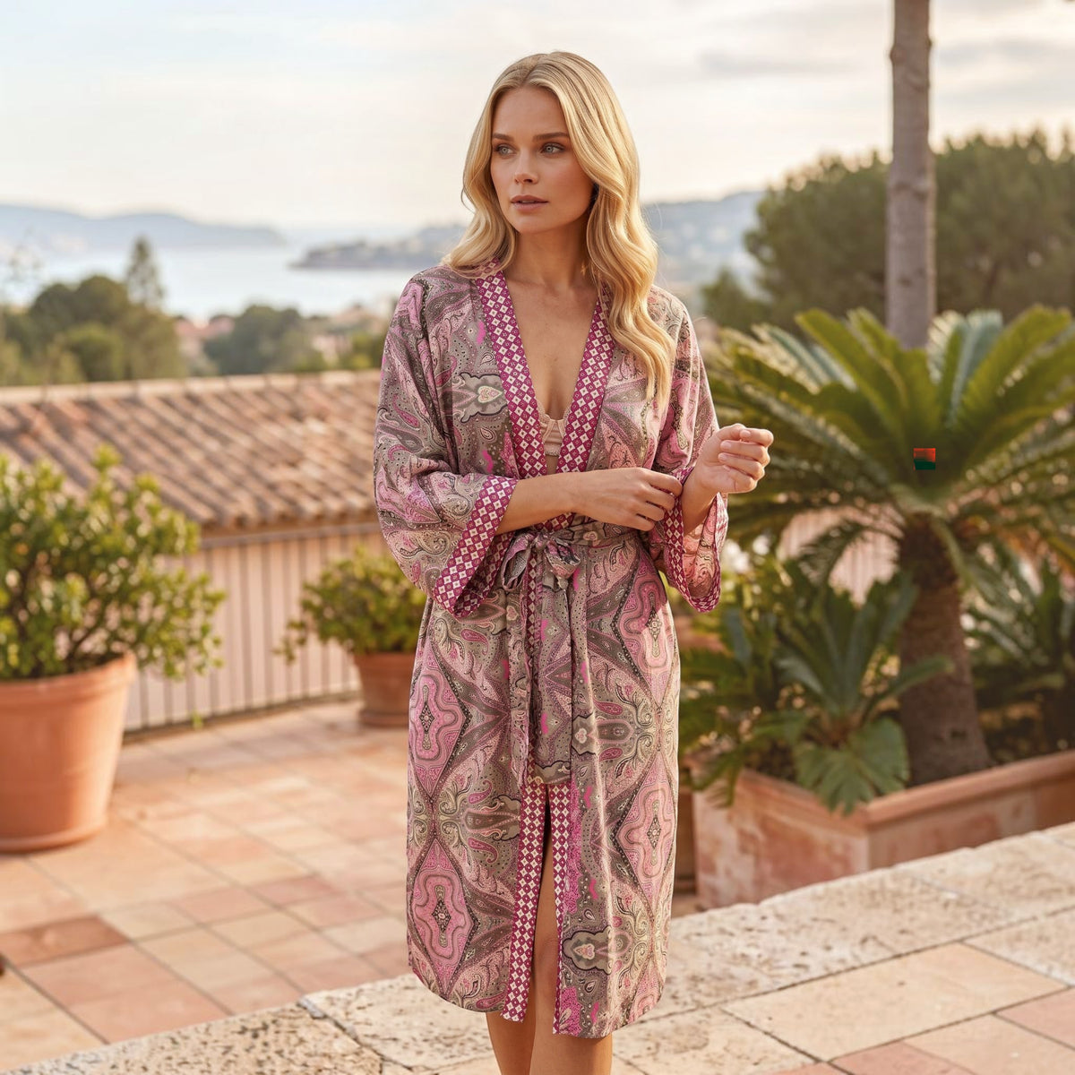 GRINE Kimono de seda rosa claro com padrão paisley bordado, cinto e fendas laterais. Peça de resort wear.