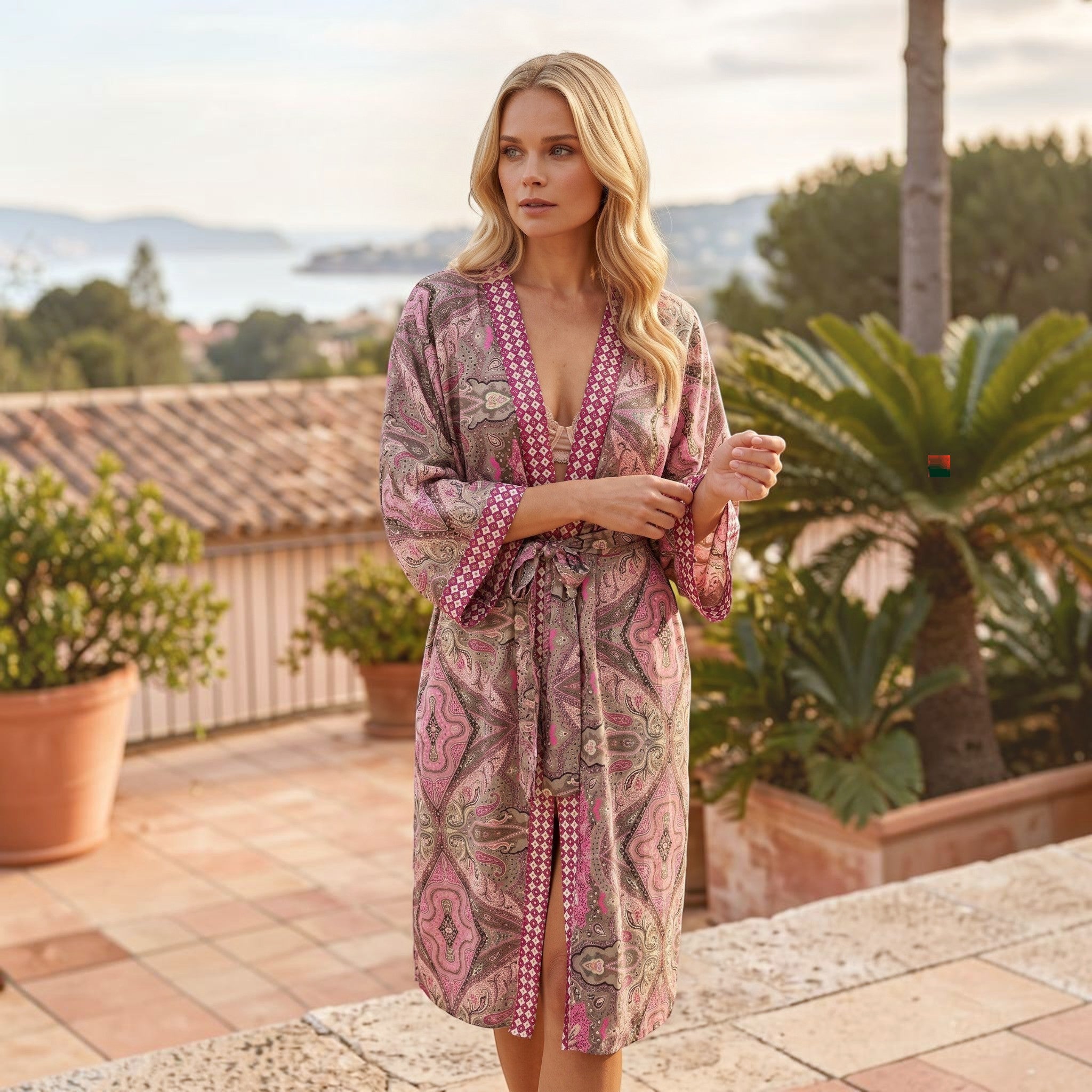 GRINE Kimono de seda rosa claro com padrão paisley bordado, cinto e fendas laterais. Peça de resort wear.